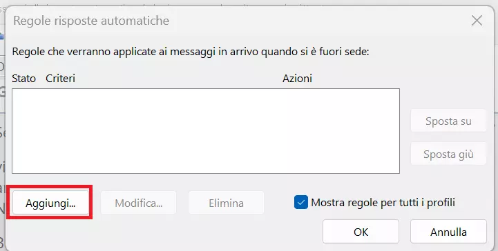 Finestra per stabilire le regole per le risposte automatiche con Outlook Finestra per stabilire le regole per le risposte automatiche con Outlook