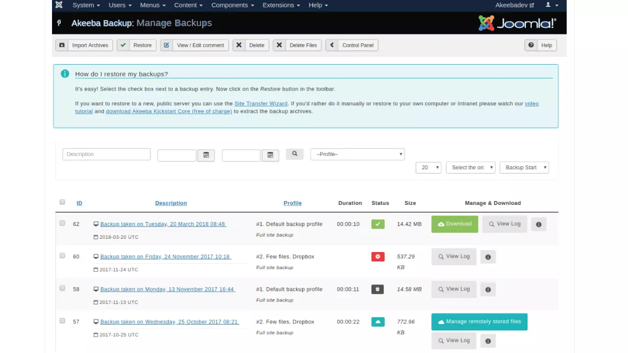 Immagine: Screenshot di una lista di backup creati nel manager di Akeeba Backup