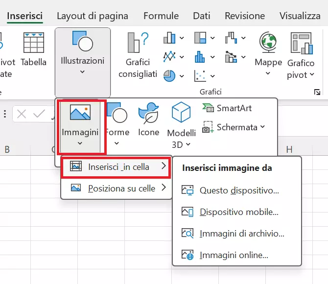 Menu Excel: inserisci immagini in cella Immagine: Menu Excel: inserisci immagini in cella