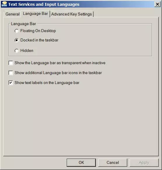 Immagine: Impostazioni per la barra della lingua su Servizi di testo e lingue di input