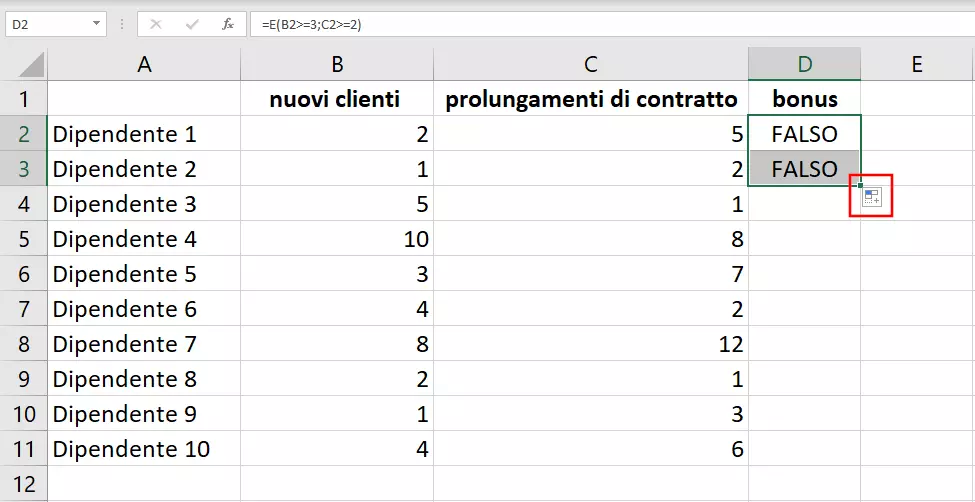 Immagine: Funzione E di Excel: estensione a più celle