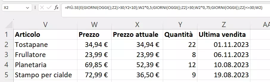 Funzione PIÙ.SE in una tabella di esempio Funzione PIÙ.SE in una tabella di esempio